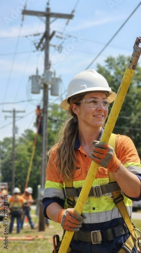 Female Utility Technician Holding Insulated Hot Stick Tool Outdoors