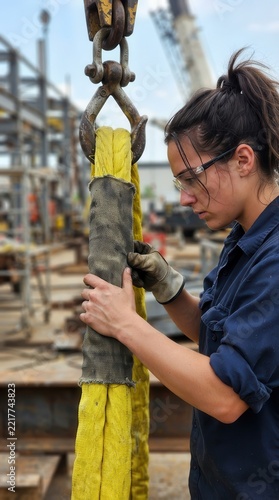 Female Engineer Inspecting Kevlar Chafe Sleeve on Rigging