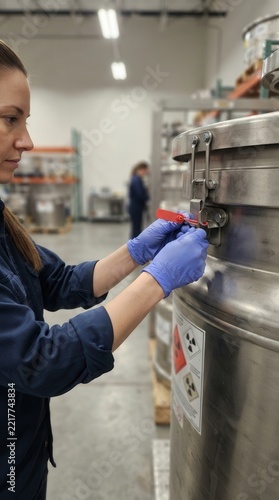 Female Technician Inspecting Radioactive Container in Laboratory