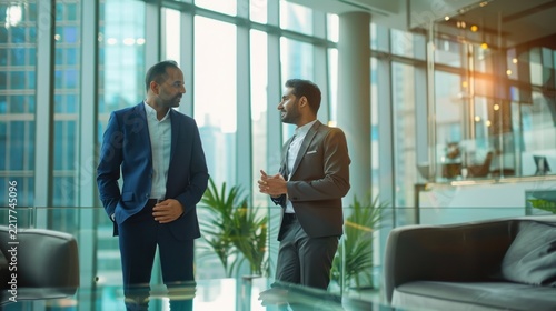 Two businessmen in suits converse while standing in a modern office with large windows overlooking a city skyline, representing collaboration and corporate success.