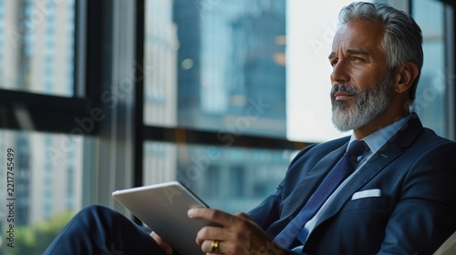 A distinguished senior businessman with gray hair and a beard gazes thoughtfully out a window while holding a tablet device.