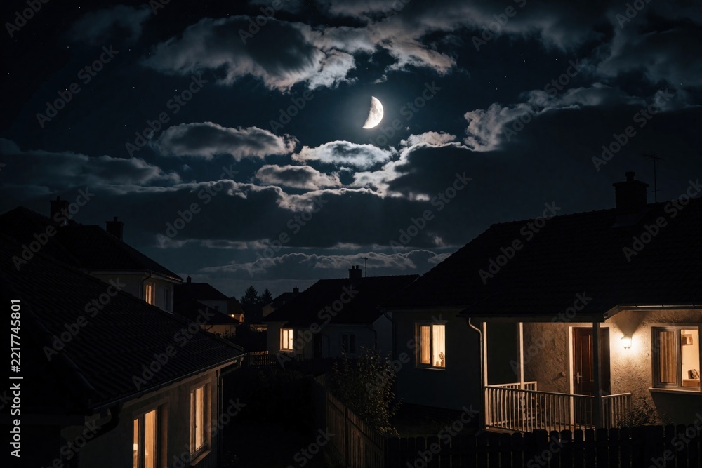 Fototapeta premium Half moon shines above residential houses in dark night sky. White crescent moon glows through thick clouds over suburban rooftops. Quiet town neighborhood at night with lit windows in dark homes