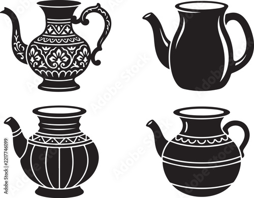 Vintage teapot vector set, black and white tea pot silhouettes with ornate patterns, collection of 4 traditional ceramic kettle icons