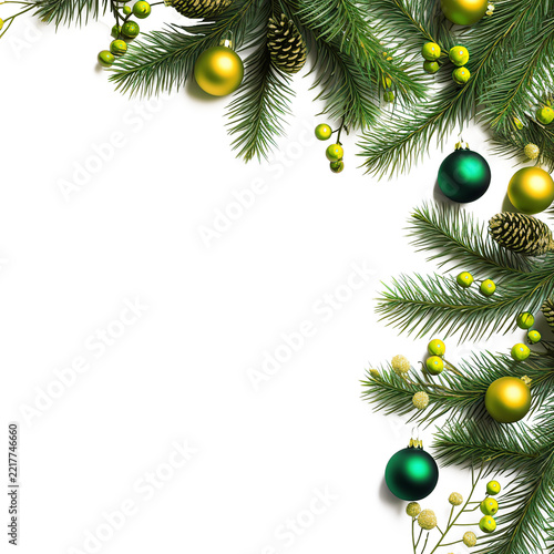  Ramas de abeto navideñas decoradas con transparencia PNG. Decoración navideña de ramas de abeto verdes con esferas brillantes aisladas sobre fondo PNG transparente.