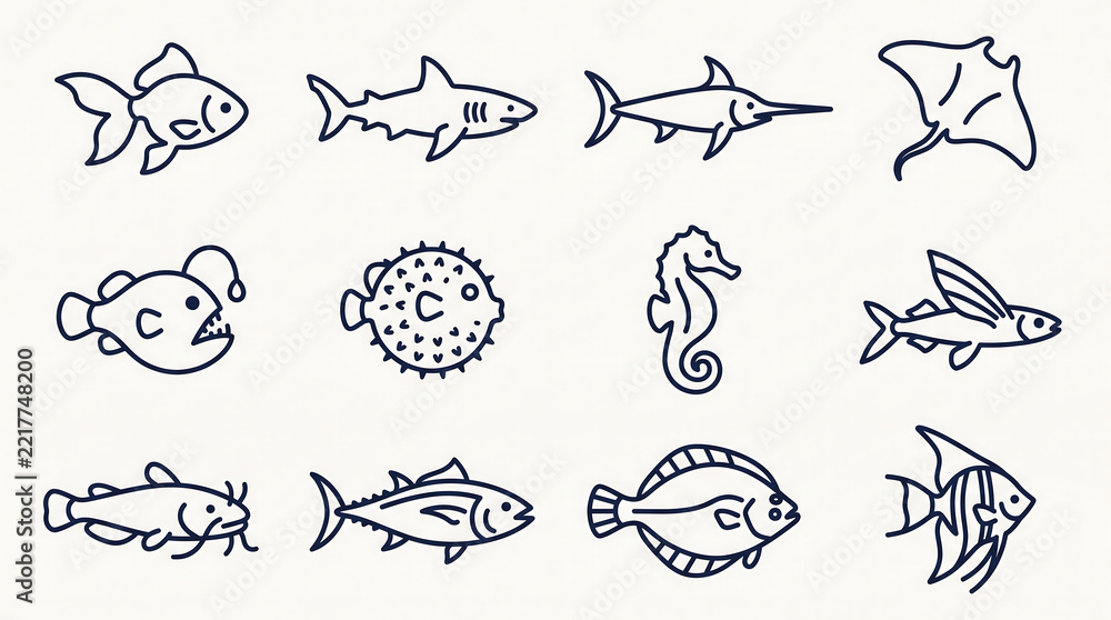 Obraz premium Collection of Marine Life and Fish Species Line Art Icons