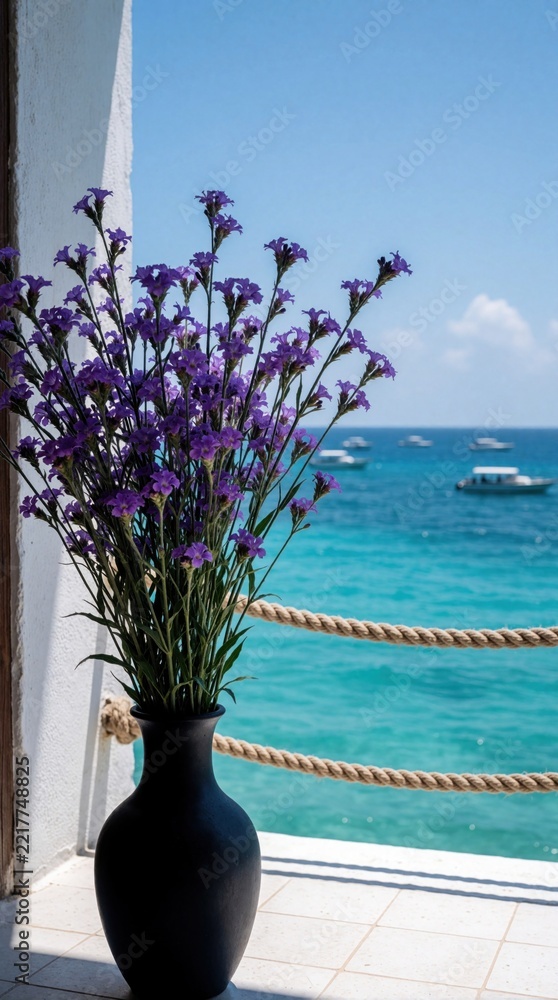 Fototapeta premium Purple flowers in black vase sit on balcony with sea view. Tropical blossoms decorate tiled terrace near ocean. Small boats float on turquoise water under clear blue sky. Peaceful summer vacation at