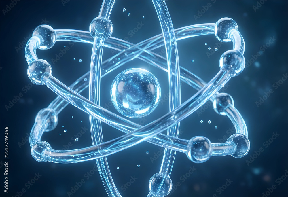 Fototapeta premium Quantum physics and atomic energy, scientific research and molecular structure with glowing blue particles in a futuristic laboratory environment