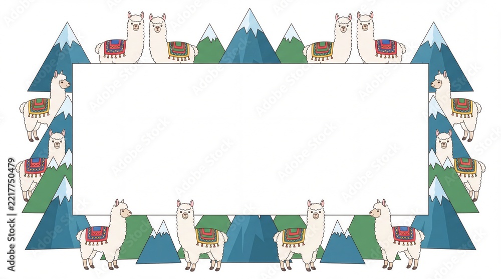 Fototapeta premium Cute Alpaca and Andes Mountain Frame Border Vector Template