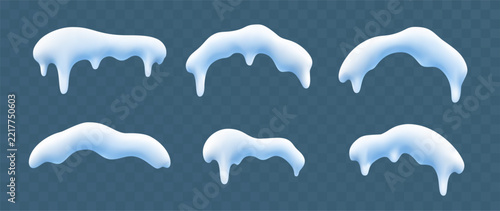 Realistic icy snow caps with icicles and frozen borders, winter decoration elements isolated for Christmas designs.