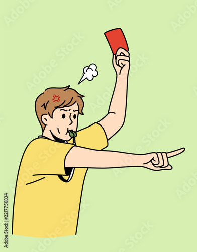 Soccer judge and football rules concept. Young man soccer judge standing and showing red card to player whistling during game vector illustration