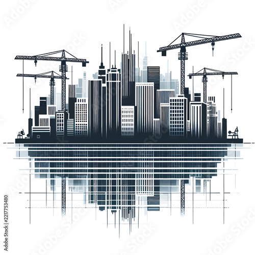 Modern city skyline under construction with tower cranes and water reflection, high-contrast graphic illustration on white background.