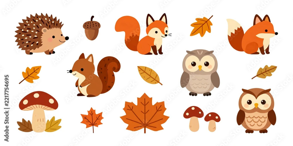 Obraz premium Fox, hedgehog, squirrel, owl, acorn, mushroom, and autumn leaf graphics are featured in this decorative set for creative projects.