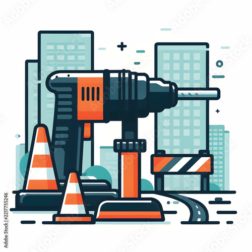 Urban Construction Site with Jackhammer and Traffic Cones Vector Illustration