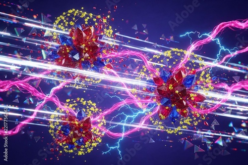 Abstract Futuristic Quantum Atom Structure with Ruby Crystals and Glowing Light Speed Beams