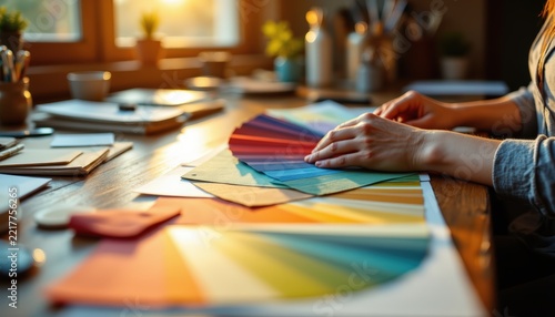 A close up angle of hands flipping through color swatch samples and fabric textures over a desk