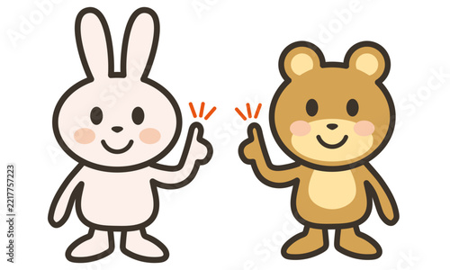 Cute rabbit and bear pointing and explaining cartoon illustration