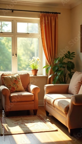 Warm sunlight streams into a cheerful elderly home common room, highlighting comfortable furniture and inviting decor The atmosphere is peaceful and relaxing , home, well-maintained, domestic life