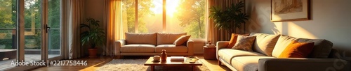 Warm sunlight streams through a large window onto a cozy living room, highlighting comfortable furniture and inviting d?cor, creating a welcoming atmosphere , interior design, space, ambiance