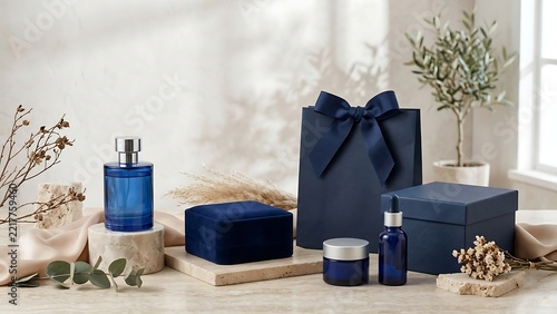 Luxury blue cosmetic gift set with premium perfume bottle, skincare serum, velvet jewelry box, and elegant gift bag on marble background with natural botanical elements for men's grooming kit.