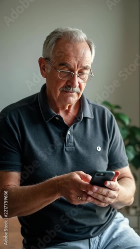 Senior man checking blood sugar level with smartphone.