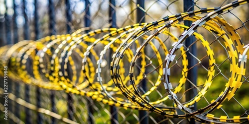 Barbed wire entwined with yellow and black tape surrounding a fence, barrier, safety,  barrier, safety, hazard