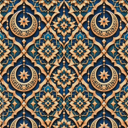 Sophisticated Ramadan Seamless Islamic Pattern with Golden Crescent