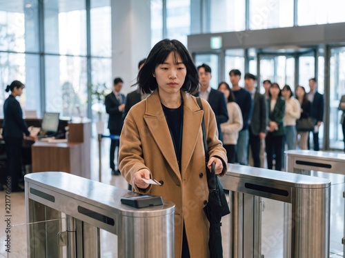 Generative AI, Woman Using an Access Card at an Office Lobby Turnstile