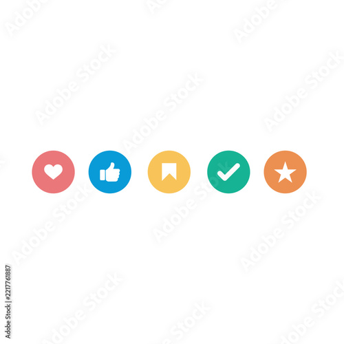 Social media engagement icon set featuring like buttons, heart reactions, thumbs up symbols, star ratings, and check mark approval icons in clean vector illustration