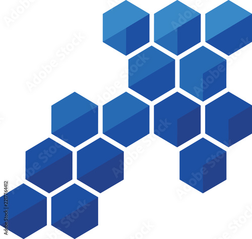 Hexagon blue mosaic arrow icon composed of multiple cubes vector graphic