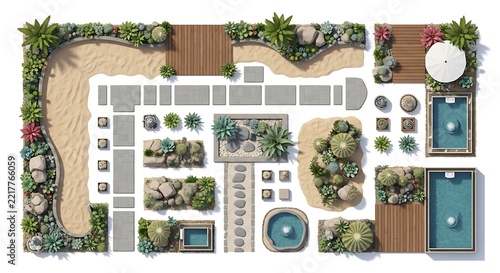 Top view landscape design plan with garden pool and patio area