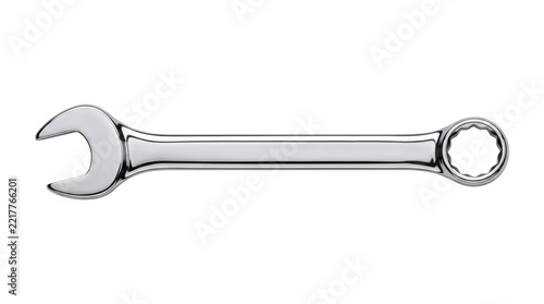 Steel combination wrench spanner tool on transparent background. Polished metallic mechanics manual fastening tool. Automotive workshop plumbing engineering maintenance creates visual.