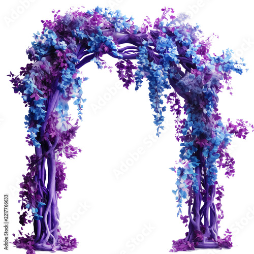  Arco de boda floral azul violeta transparente PNG. Arco de flores de fantasía majestuoso decorado con flores azules y moradas aisladas sobre fondo PNG transparente.