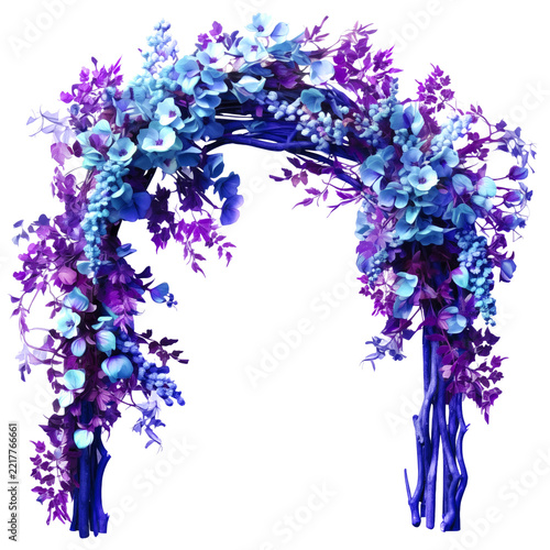  Denso arco floral de fantasía transparente PNG. Arco floral rico y grueso decorado con vibrantes flores azules y moradas aisladas sobre PNG transparente.