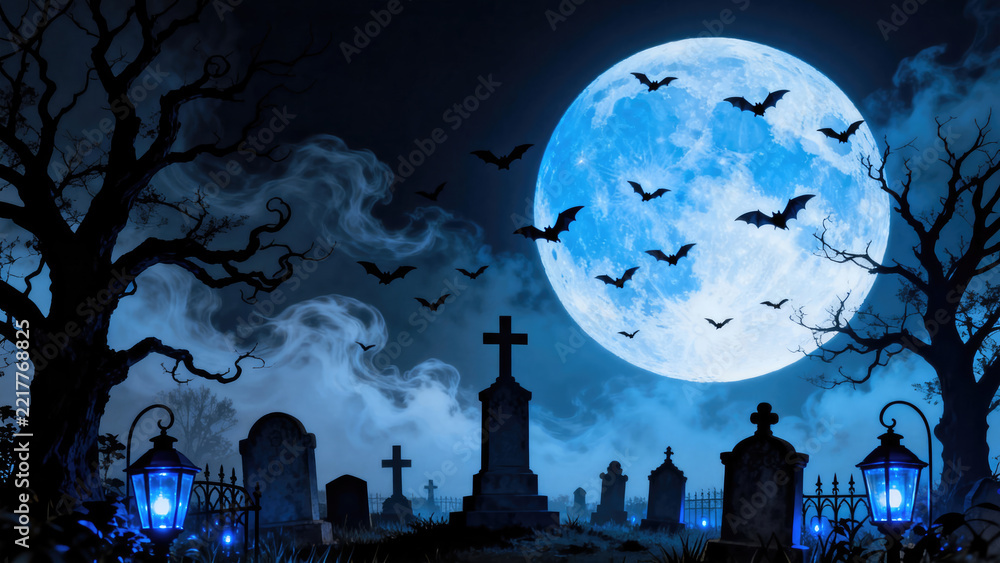 Fototapeta premium A graveyard with a cross and two cemeteries with a full moon in the background, halloween holiday festive image design