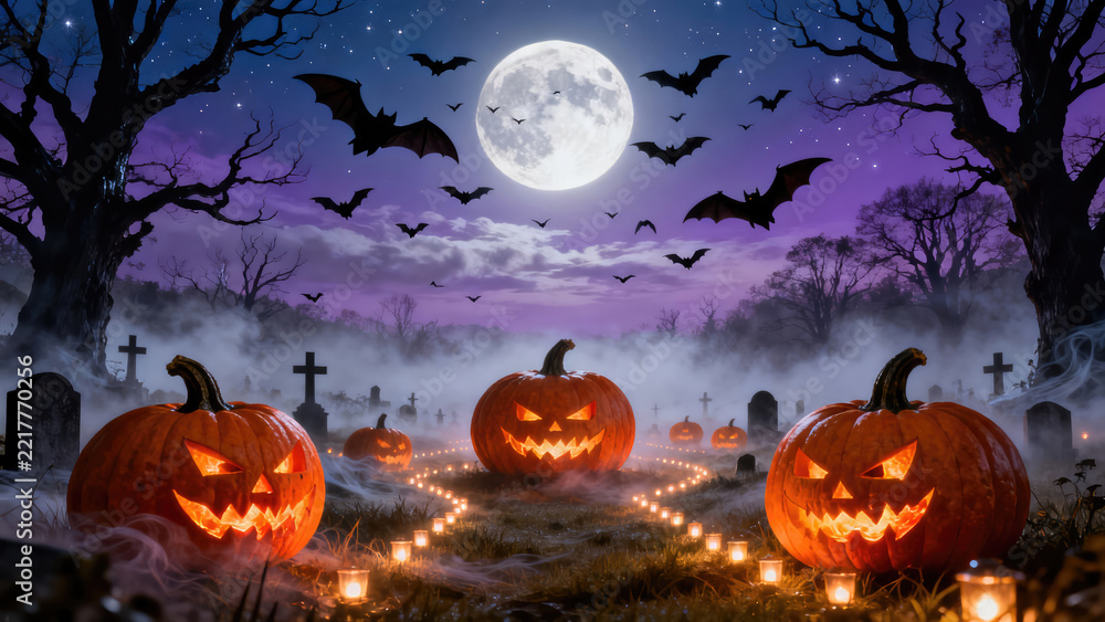 Fototapeta premium Eerie Halloween Night - Glowing Jack-o-Lanterns Under a Full Moon with Silhouetted Trees and Flying Bats., halloween holiday festive image design