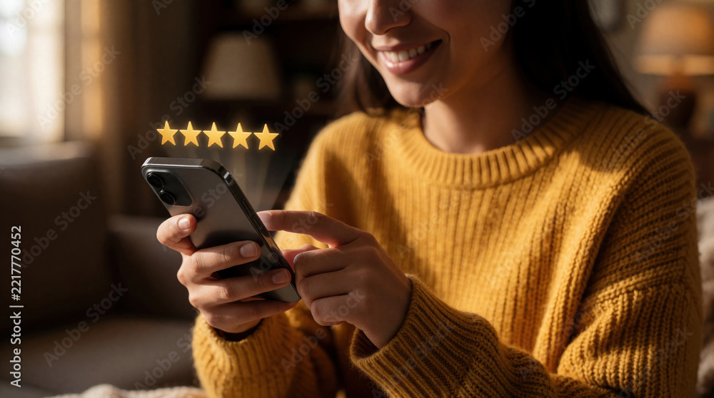 Fototapeta premium Smiling young woman uses smartphone at home to leave five stars review. Happy customer gives high rating, positive feedback on mobile app. Person shares opinion about service product quality using