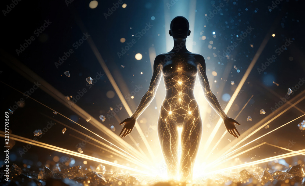 Fototapeta premium Humanoid figure silhouette glows with bright light, energy. Golden beams burst from center through dark space. Spiritual concept shows soul evolution digital consciousness. Abstract person