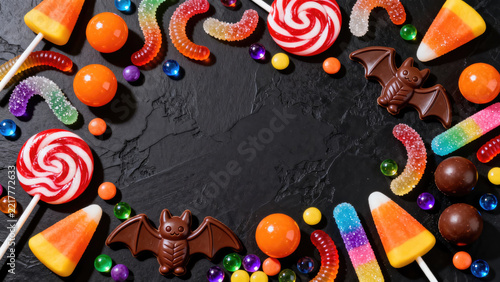 Vibrant assortment of sweet treats, including lollipops, gummies, and chocolate, scattered on a dark surface, creating a joyful and colorful confectionery display with copy space,