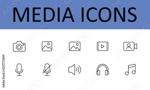 media icon line style multimedia camera video audio editable stroke vector set