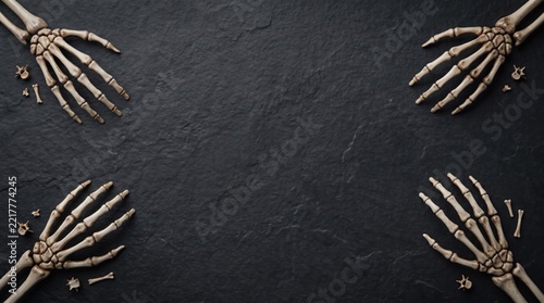 Four human skeleton hands arranged on a dark stone texture background