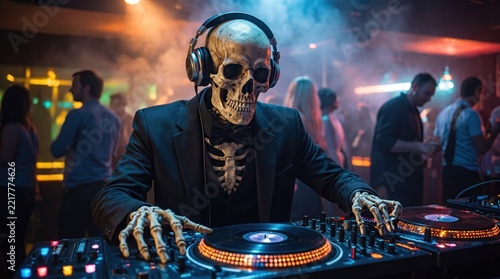 Skeleton dj wearing a suit and headphones playing music in a nightclub