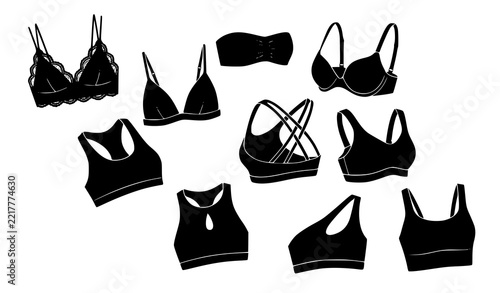 Women bra and sports bra silhouette icon set with lingerie and athletic underwear designs