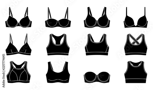 Black silhouette collection of women's lingerie bralette and athletic sports bra designs