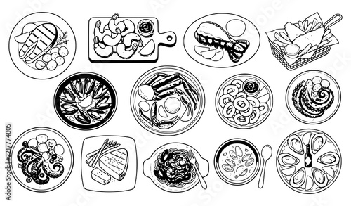Colorful seafood dishes cartoon vector set with fish shrimp lobster crab and shellfish