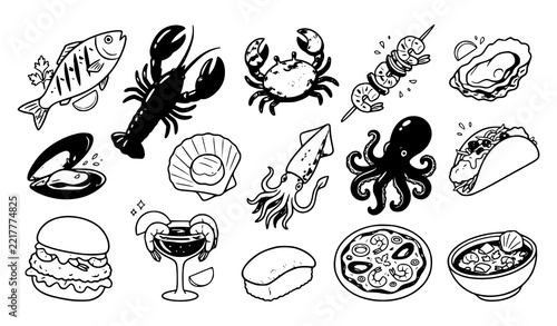 Colorful cartoon seafood meal collection with shrimp fish crab and shellfish dishes