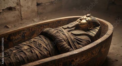 
Close Up of Wrapped Egyptian Pharaoh Mummy with Golden Mask in Painted Wooden Sarcophagus with Hieroglyphs