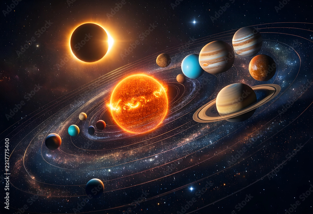 Fototapeta premium Astronomy and space exploration, solar system with planets orbiting the sun and a total solar eclipse in the deep dark galaxy of the vast universe