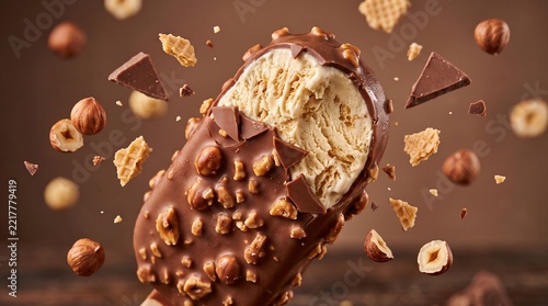 Bitten chocolate hazelnut ice cream bar with flying nuts and wafer pieces on brown background