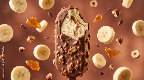 Bitten chocolate covered banana ice cream bar with caramel sauce and flying nuts on brown background
