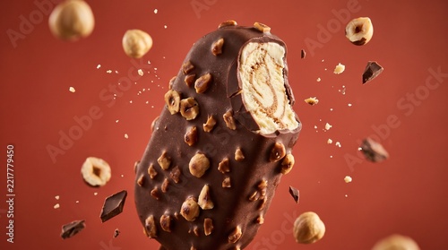 Chocolate covered ice cream bar with roasted hazelnuts floating in a high speed action studio shot